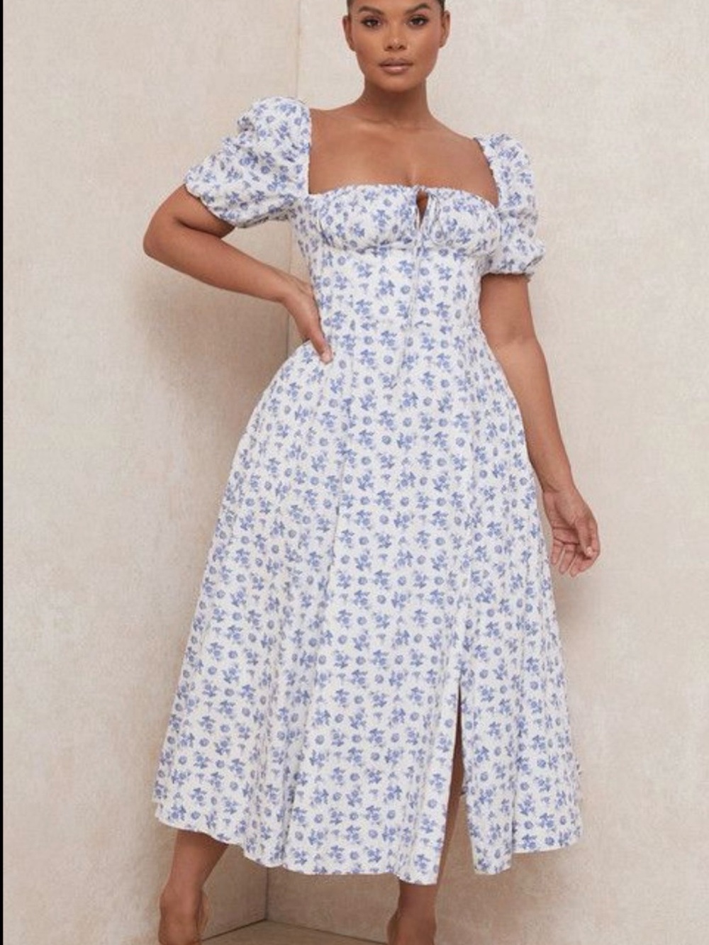 Fashion to Figure Blue & White Floral Puff-Sleeve Midi Dress